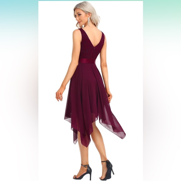 Ever-Pretty V-Neck Irregular Hem Lace A-Line Chiffon Cocktail Dress Mulberry - S - Picture 2 of 13